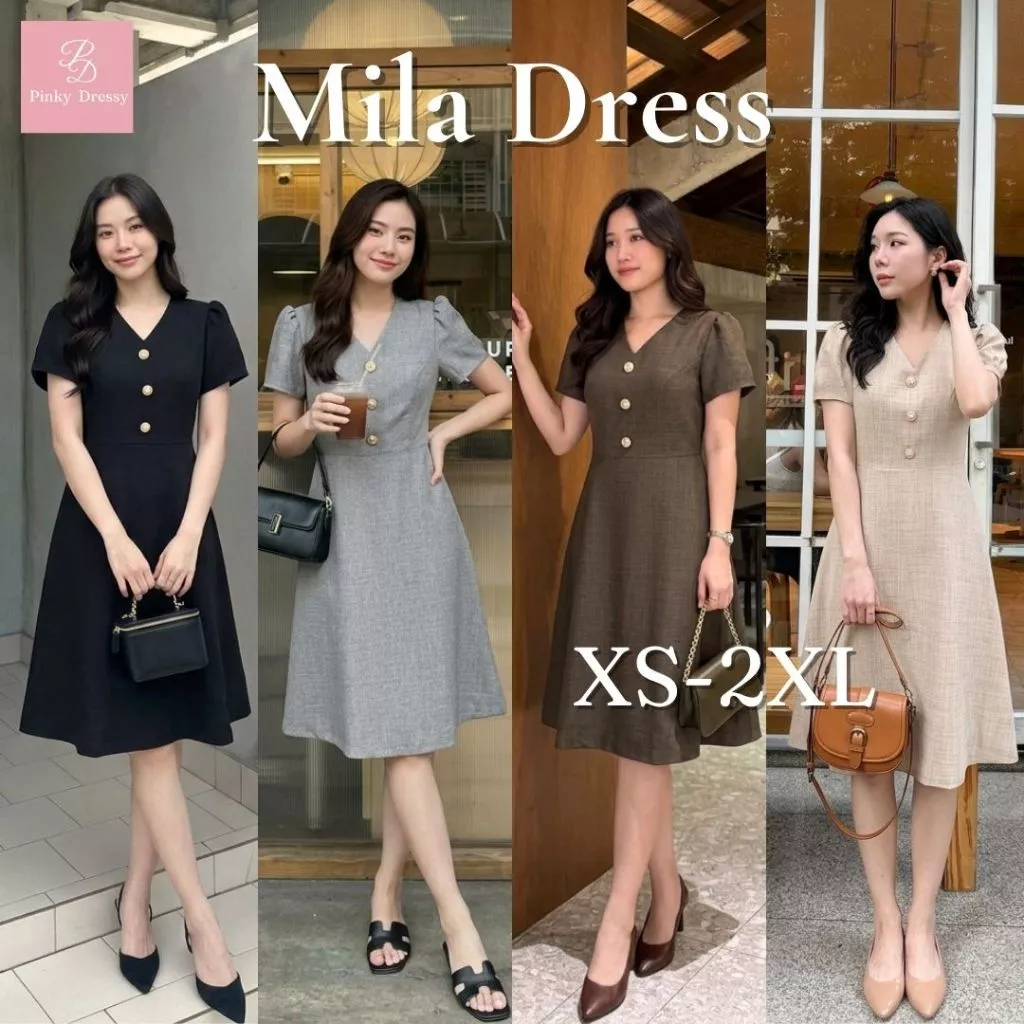 PNK047 Mila Dress✨ เดรสคอวี แขนสั้น กระดุมหน้า ผ้าทิ้งตัวสวย ใส่แล้วดูสุภาพ เรียบร้อย Pinky Dressy