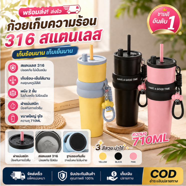แก้วน้ำสแตนเลส316 เก็บน้ำร้อน-เย็น ได้นาน6-12 ชั่วโมง น่ารัก ความคิดสร้างสรรค์ แบบพกพา แก้วน้ำความจุสูง บรรจุได้ 710ml