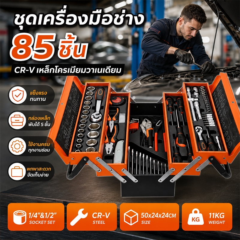 ชุดประแจบล็อก 85 ชิ้น (เหล็ก Cr-V) และชุดไขควงอเนกประสงค์ – สำหรับงานซ่อมแซมรถยนต์และงานช่างภายในบ้าน