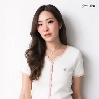 Serene's Choice เสื้อไหมพรมคอวี กระดุมหน้า 6 เม็ด เสื้อไหมพรมผู้หญิง แขนสั้น แต่งขอบสีทูโทน