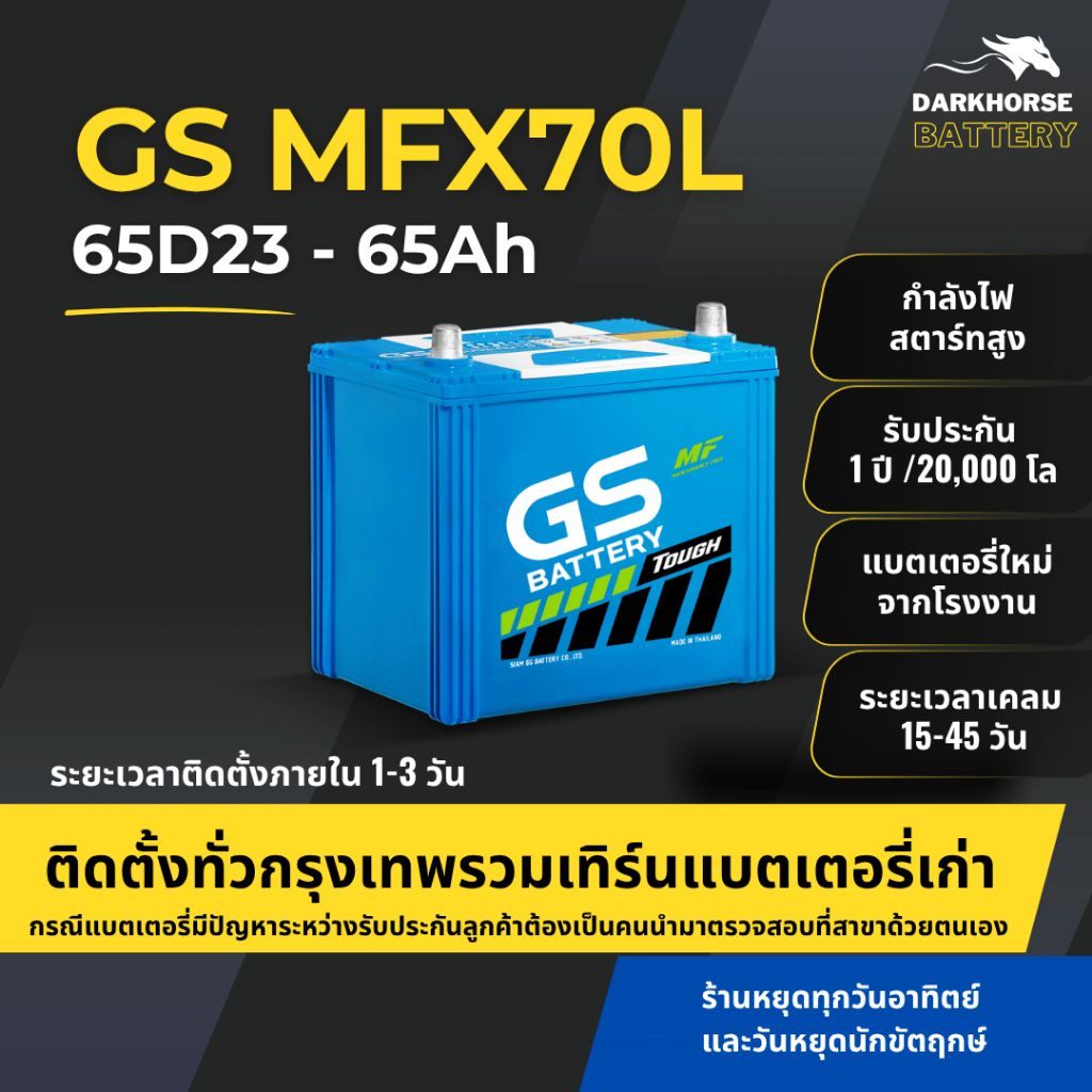 (มีติดตั้งพร้อมเทิร์น) แบตเตอรี่รถยนต์ GS MFX70L (65D23) 65Ah | เหมาะกับ Innova Triton Juke | รับประ