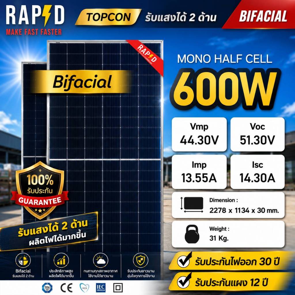 RAPD แผงโซล่าเซลล์ 600W รับประกันแผง 12 ปี รับประกันไฟออก 30 ปี รับแสงสองด้าน