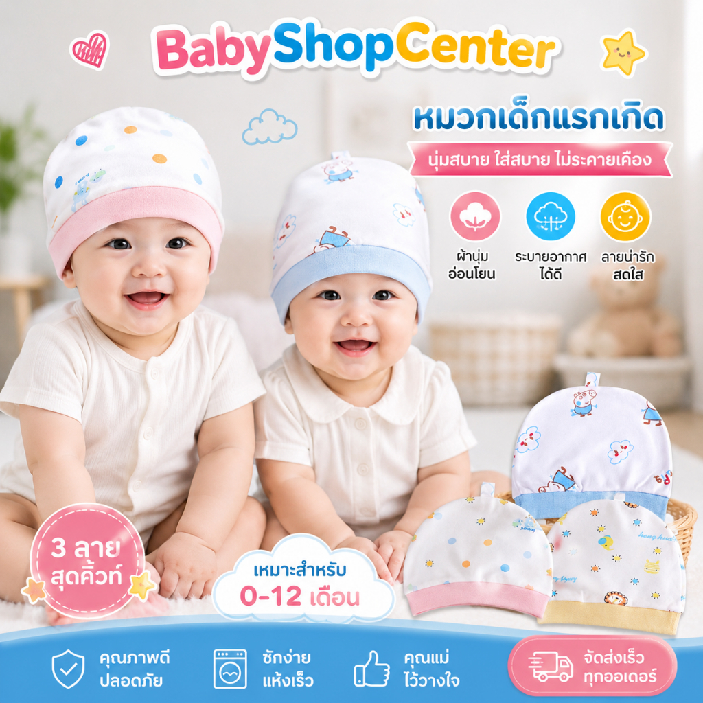 หมวกเด็กเเรกเกิด คละลาย เลือกสีได้ ขนาดNB 0-3เดือน ผ้าคอตตอน100% ใส่สบาย ระบายอากาศ ผ้านิ่ม ถนอมผิว น่ารัก QE01