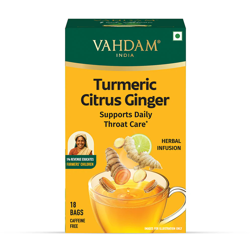 ชา VAHDAM, Turmeric Citrus Ginger Infusion | Caffeine-Free | Supports Daily Throat Care | 18 Bags