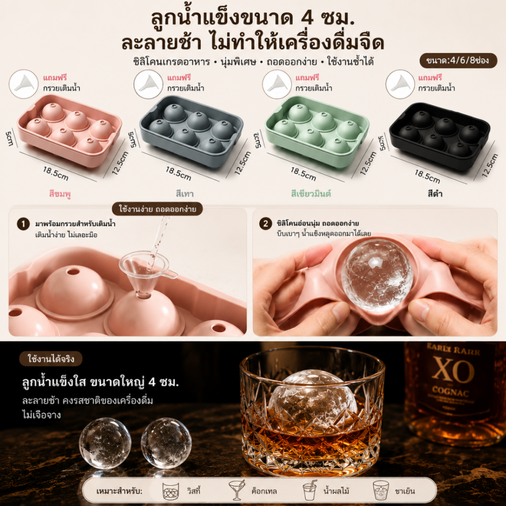 ที่ทำน้ำแข็งก้อนกลม พิมพ์ทำบอลน้ำแข็ง ถาดน้ำแข็งซิลิโคน 4/6/8 ช่อง ยืดหยุ่น ถอดน้ำแข็งง่าย ใช้ซ้ำได้