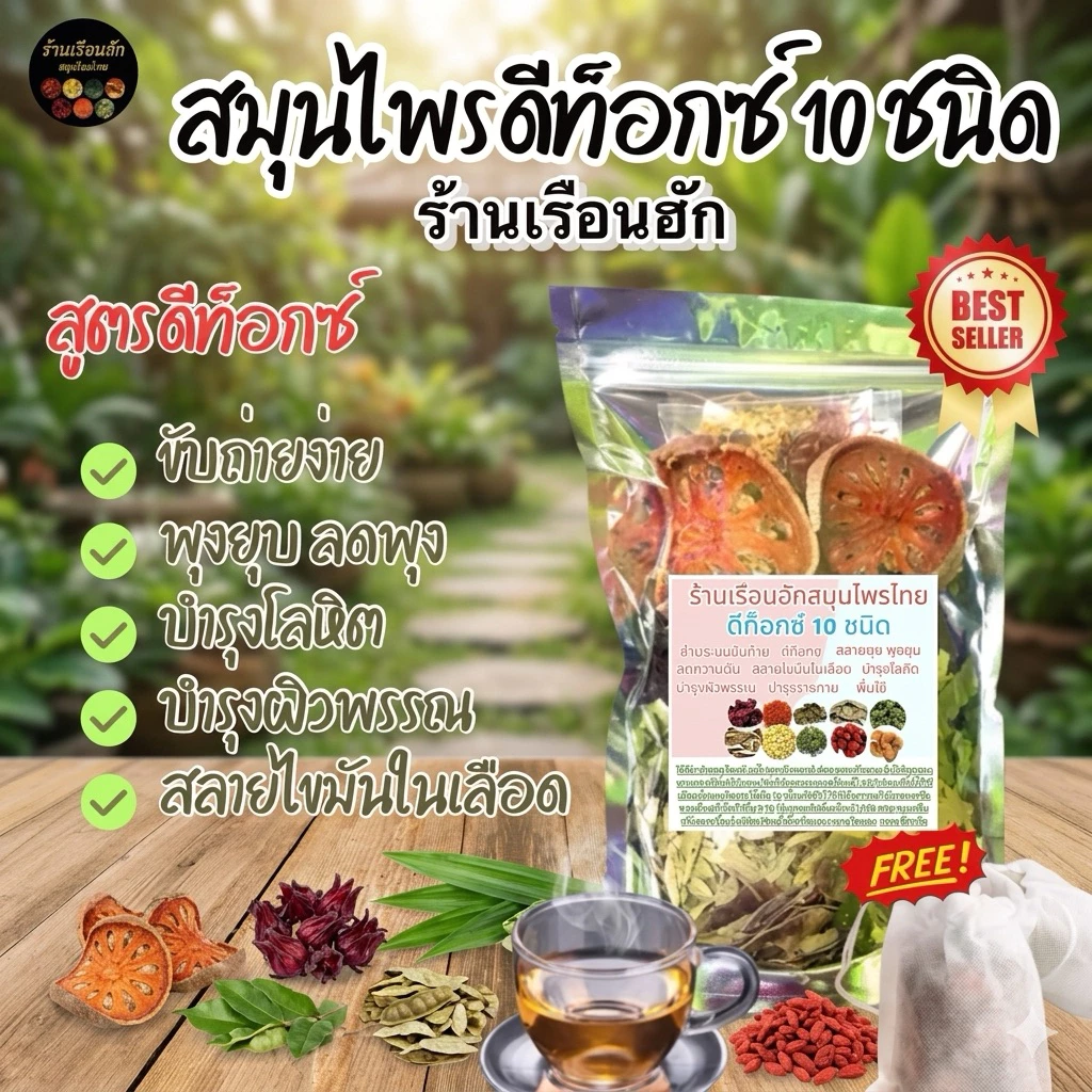 ชาสมุนไพรต้มดีท็อกซ์ 10 ชนิด ร้านเรือนฮัก บรรจุ 80 กรัม มีถุงกรองชาทุกห่อ
