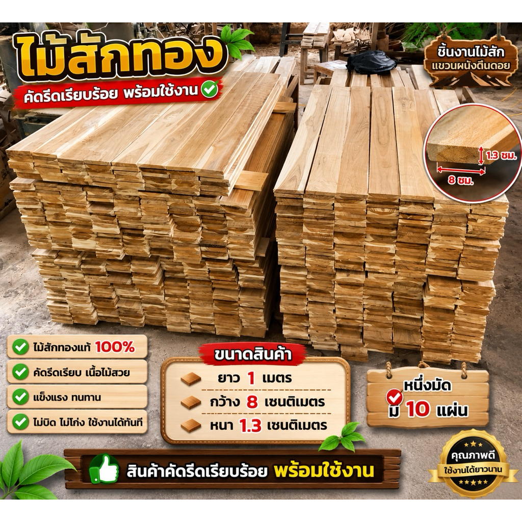 หน้า3/ 1มัดมี 10แผ่น ไม้สักทอง สำหรับทำไม้ระแนงและงาน DIY