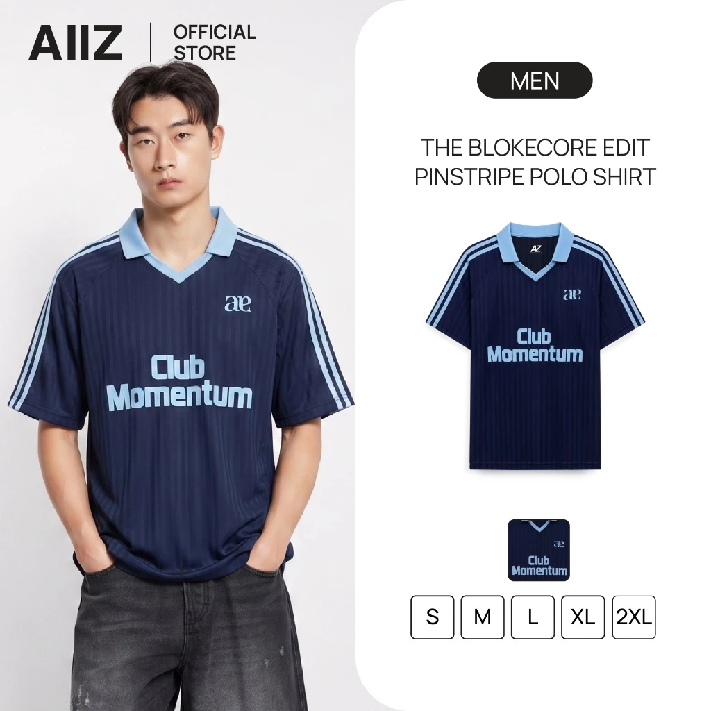 AIIZ (เอ ทู แซด) - AIIZ เสื้อโปโลคอวีแอคทีฟผู้ชายแขนสั้นทอลายทาง AIIZ Men's The Blokecore Edit Pinstripe Polo Shirt