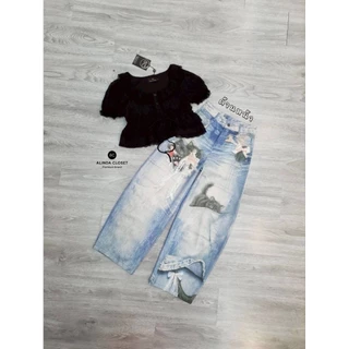 𝘼𝙇𝙄𝙉𝘿𝘼 𝘾𝙇𝙊𝙎𝙀𝙏 ᯓ ★ชุดเซ็ต 2 ชิ้น เสื้อผ้าลูกไม้เนื้อนุ่มสีดำแขนตุ๊กตา+กางเกงยีนส์พิมพ์ลายแมวหน้า-หลัง