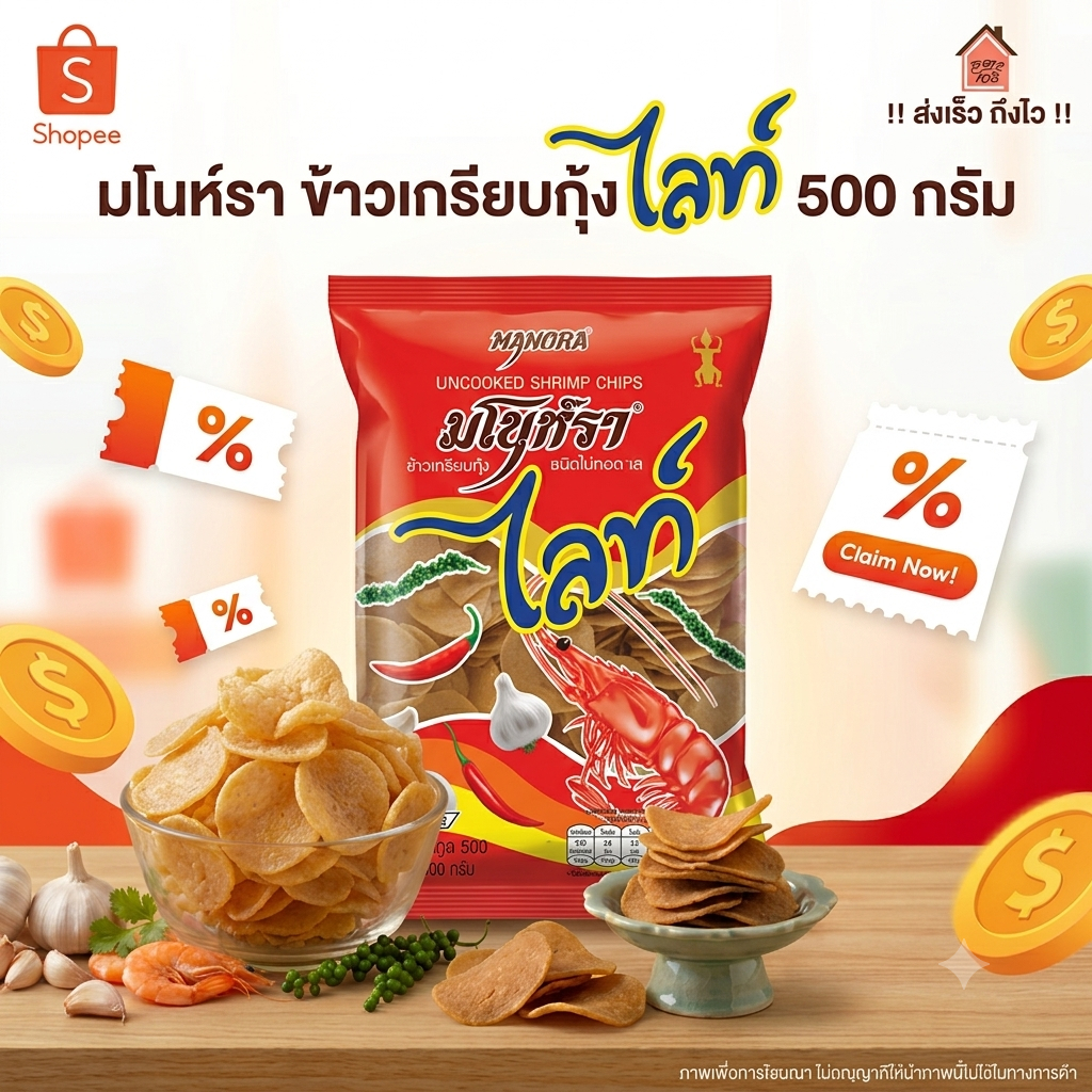 ส่งเร็ว ถึงไว มโนห์รา ข้าวเกรียบดิบ รสกุ้งไลท์ ขนาด 500 กรัม ตรามโนราห์