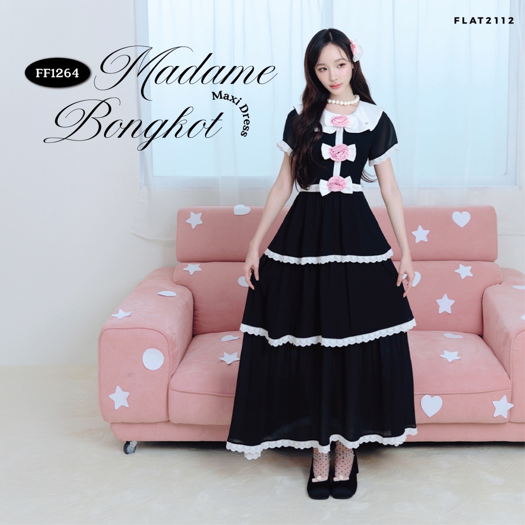 FLAT2112 : MADAME BONGKOT MAXI DRESS เดรสออกงาน ชุดออกงาน เรียบหรู ดูแพง ลุคคุณหนู แต่งโบว์3ชิ้น (FF1264)