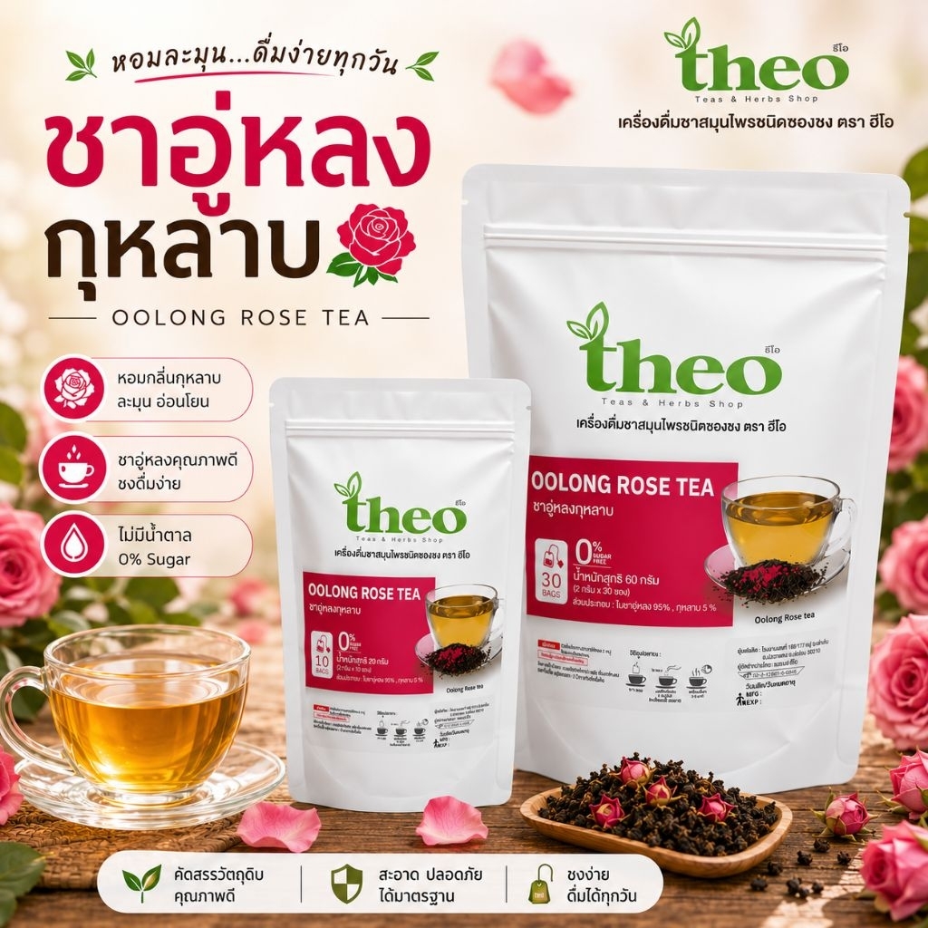 Theo | ชาอู่หลงกุหลาบ - Oolong Rose Tea ชนิดซองชงดื่ม มี 2 ขนาด มี อย. คีโต,IF ทานได้ ไม่มีน้ำตาล