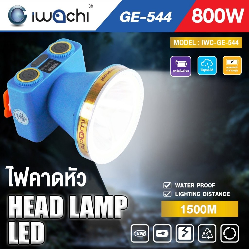 IWACHI ไฟฉายคาดหัว 800W แสงขาว ส่องแสงสว่างสูงสุด1,500M กันน้ำ กันฝน