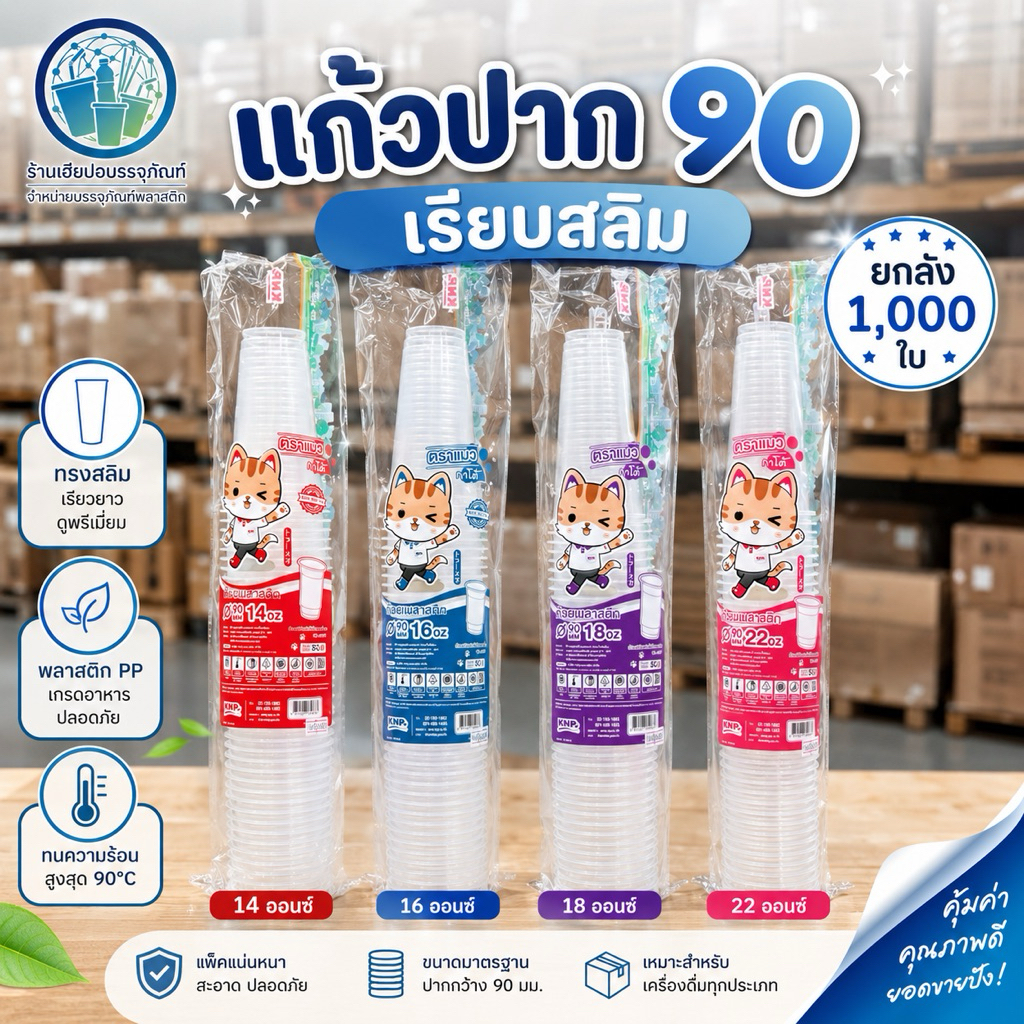 แก้วพีพีปาก90 ทรงเรียบสลิม ขนาด 14 oz. 16 oz. 18 oz. 22 oz. ตราแมวกาโต้ ยกลัง 1000 ใบ