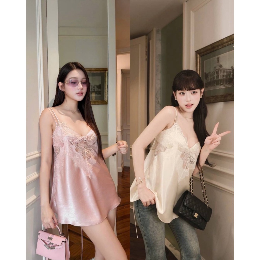 ChouChou Brand : Sister Top stin lace set - เสื้อสายเดี่ยวลูกไม้ตัวยาว + บราซาติน1ชิ้นด้านใน