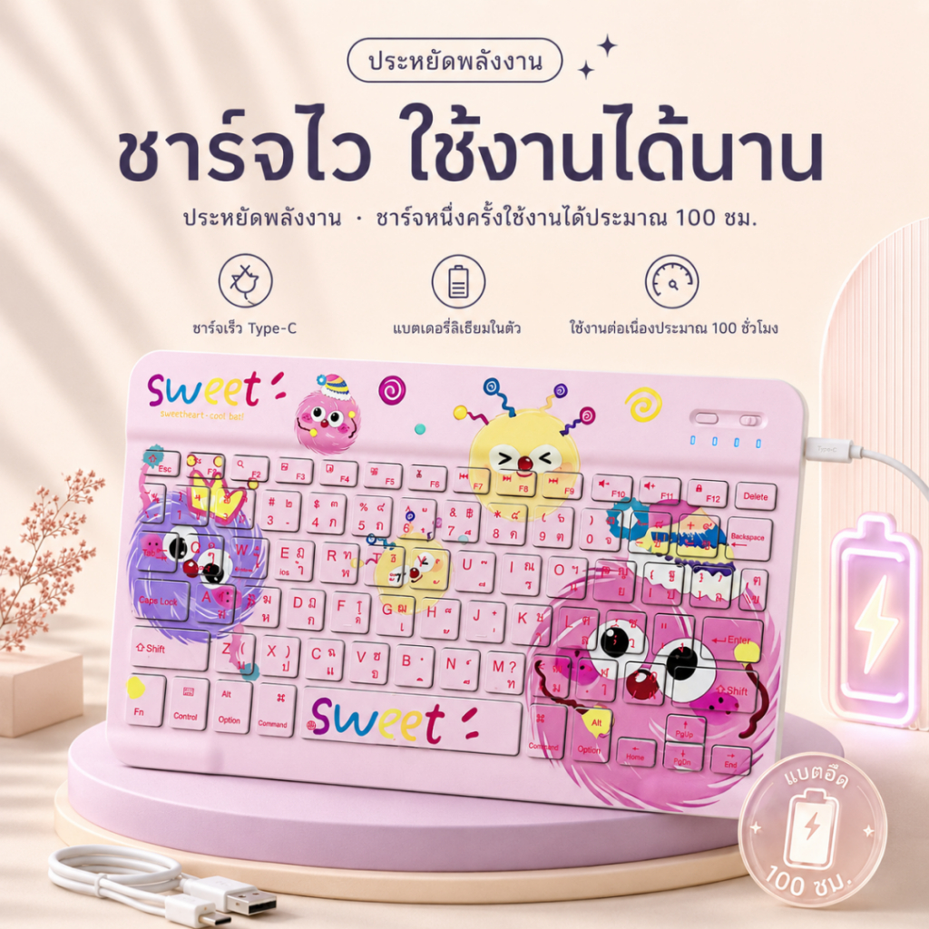 Cute Thai bluetooth keyboard คีย์บอร์ดไอแพด Keyboard Bluetooth คีย์บอร์ดบลูทูธสีพาสเทล Macron แป้นพิมพ์และเมาส์บลูทู ธ