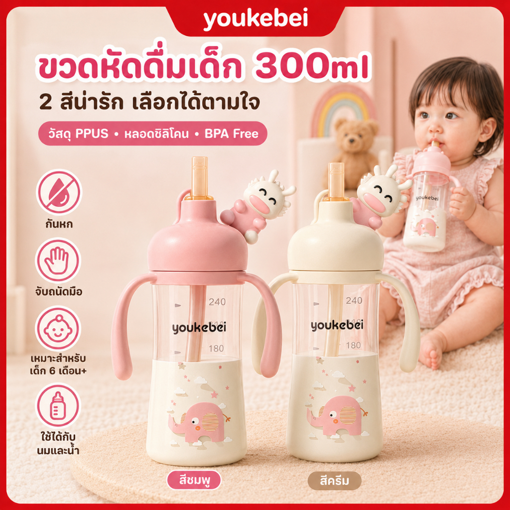 Youkebei【พร้อมส่ง】แก้วหัดดื่ม PPSU 300ml หลอดนุ่ม กันสำลักกันรั่ว มีหูจับถนัดมือ ลายช้างน่ารัก 2สี สำหรับเด็ก 12เดือนขึ