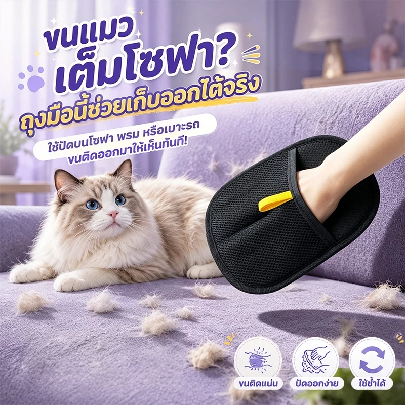 ถุงมือกำจัดขนสัตว์เลี้ยง ถุงมือแปรงขน ทำความสะอาดอเนกประสงค์