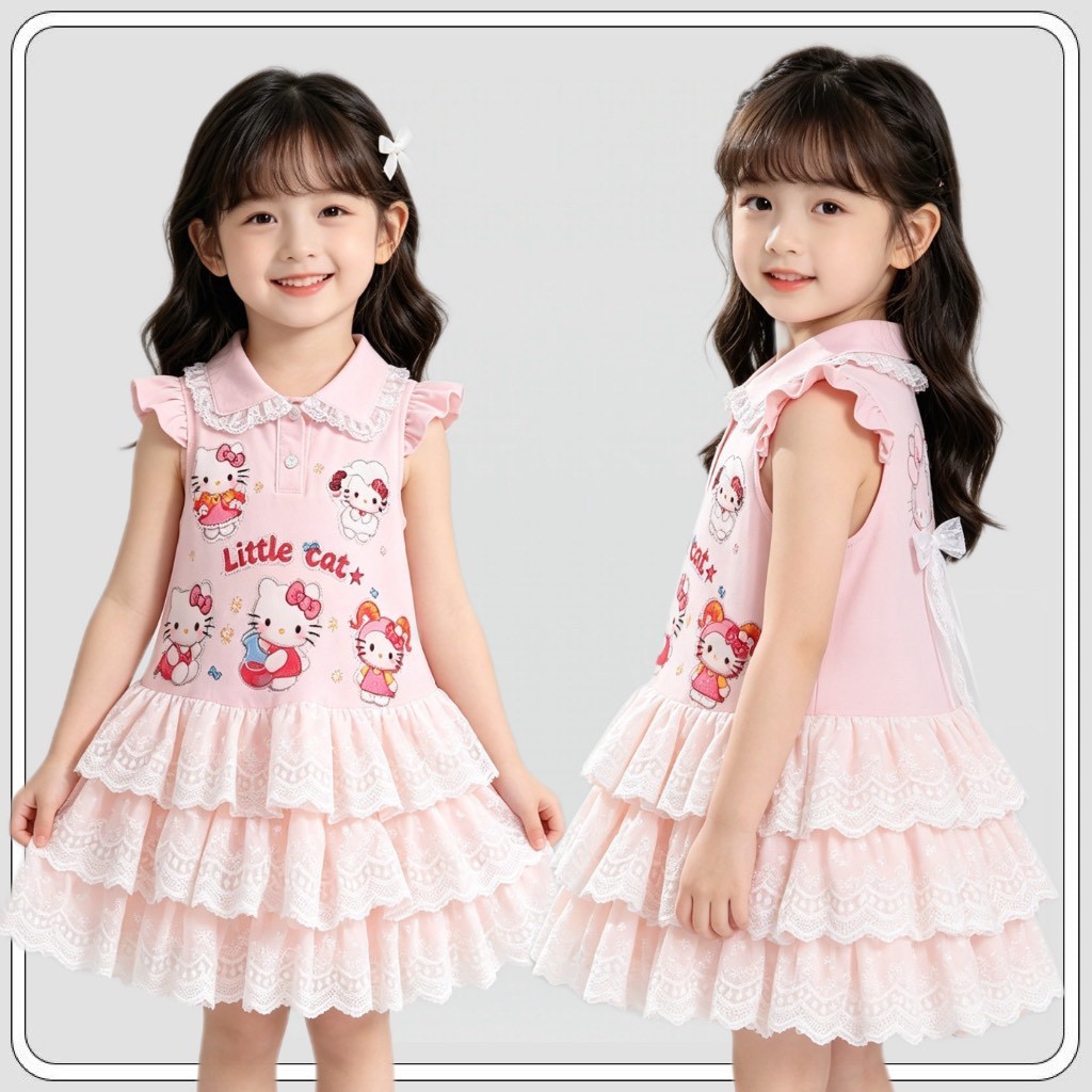 MC350 เดรสไร้แขนฤดูร้อนเด็กผู้หญิง สไตล์หวานคาวาอิ กระโปรงเลเยอร์ลูกไม้ละเอียด