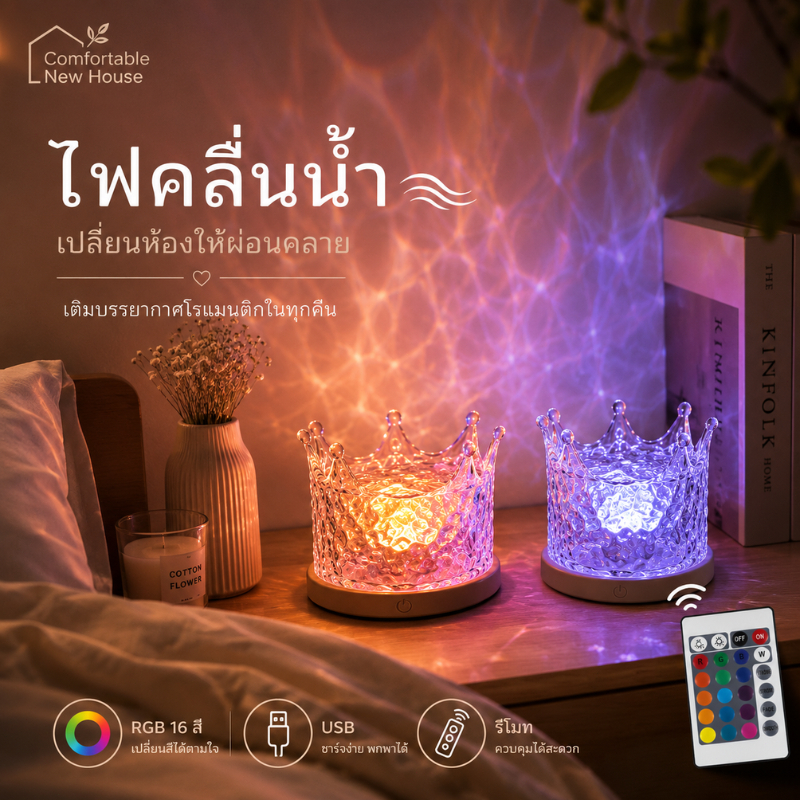 🌙LSP ไฟบรรยากาศ RGB 16 สี🌊 ไฟคลื่นน้ำ ไฟโปรเจคเตอร์ตกแต่งห้อง รีโมท ชาร์จ USB💡