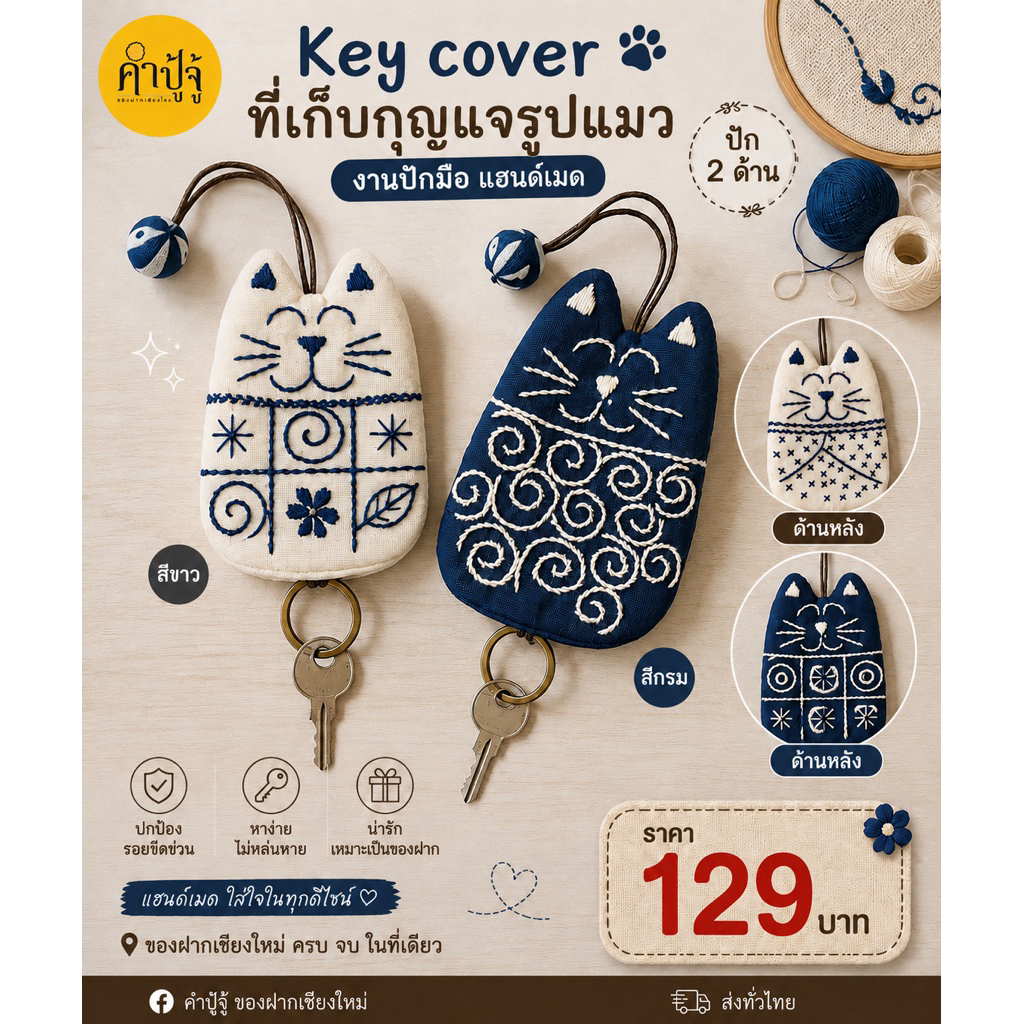 Key cover ที่เก็บกุญแจ รูปแมว งานปักมือ มีลายปัก2ด้าน