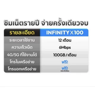 DTAC INFINITY X 100 ซิมคงกระพันดีแทค เน็ตเร็ว 6mbps 100GB / ด. ใช้ได้นาน 12 ด.