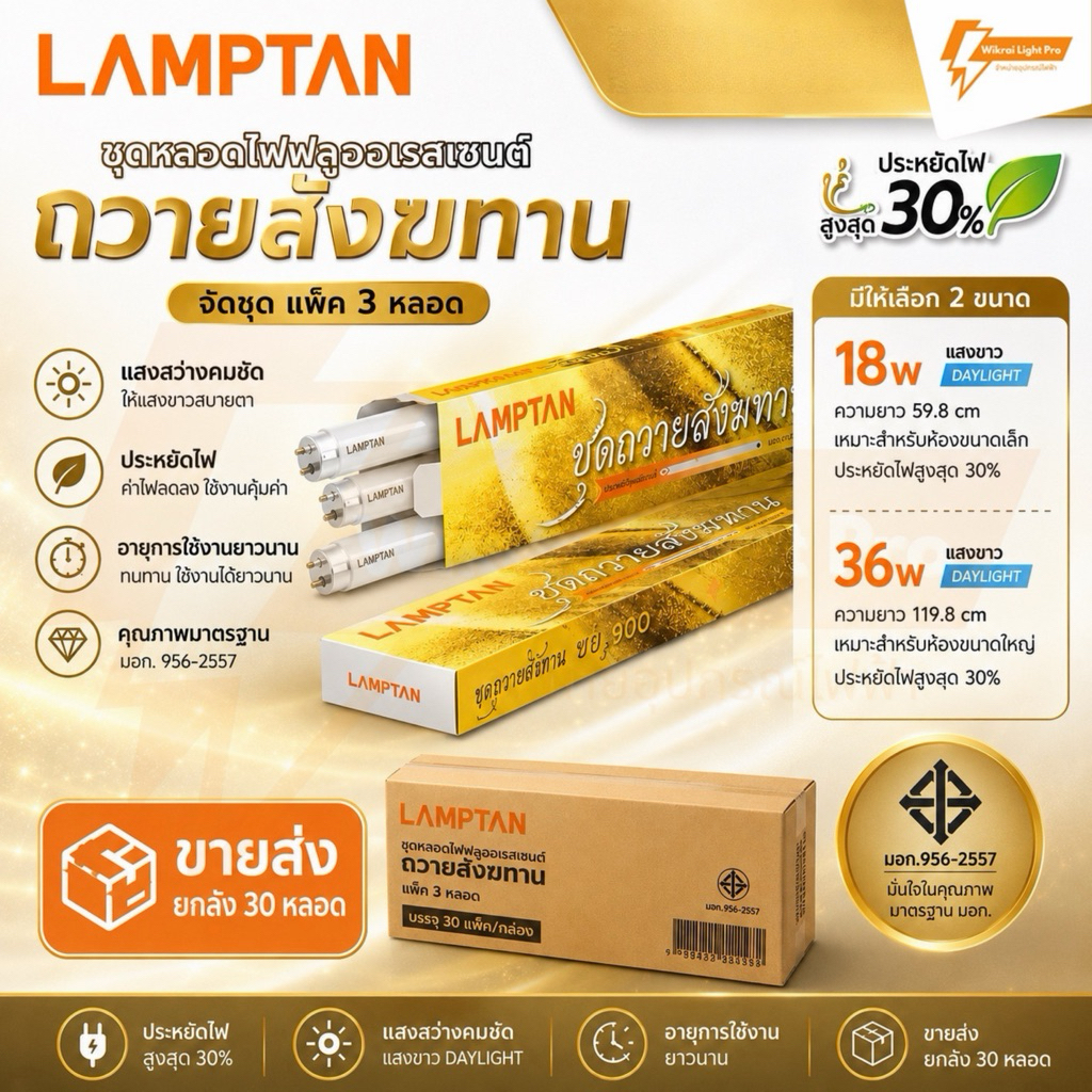 (ขายส่งยกลัง30หลอด) LAMPTAN ชุดหลอดไฟฟลูออเรสเซนต์ถวายสังฆทานจัดชุด แพ็ค3หลอด ขนาด 18w และ 36w แสงขาว