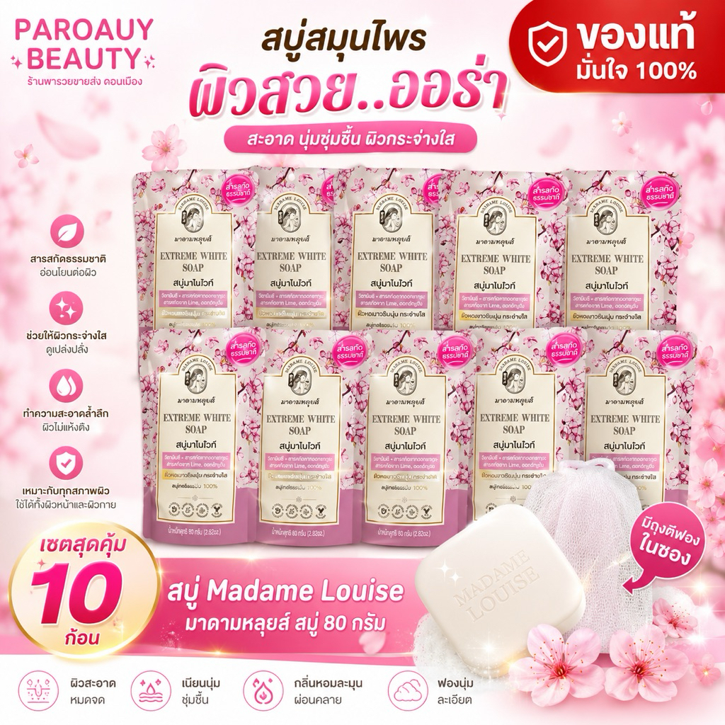(เซต 10 ก้อน) สบู่ Madame Louise มาดามหลุยส์ สบู่ 80 กรัม (มีให้เลือก 3 สูตร)