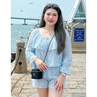 ชุดเซ็ทผ้าโรซี่ผ้าปักดอกไม้ เสื้อดีเทลระบาย พรางหุ่นปิดพุงสำหรับสาวอวบอ้วน เนื้อผ้านิ่ม กางเกงมีซับใน