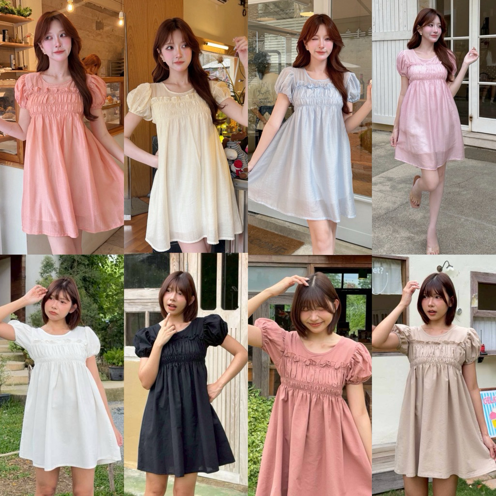 Teera พร้อมส่ง มินิเดรสผ้าใยแก้ว แต่งสม็อกระบายอก งานสวย น่ารัก nanny