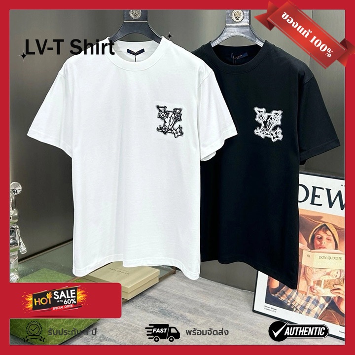 แท้ luxuryคอตตอน 100% เสื้อยืดคอกลม loยูisvวีuitonเสื้อยืดLวีV T-Shirt Oversized แบบยูนิเซ็กส์ มีใบเ
