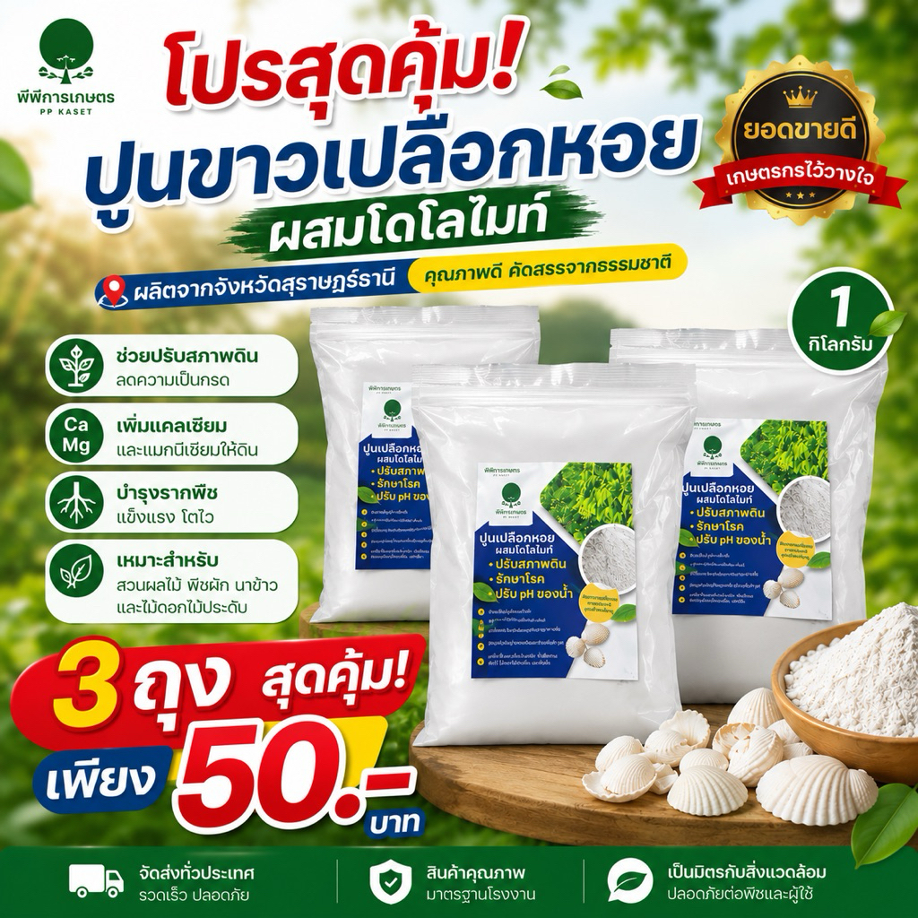 3ถุง50บาท ปูนขาวเปลือกหอยปรับสภาพดิน ผสมโดโลไมท์ ของแท้100% จาก จ.สุราษฎร์ธานี