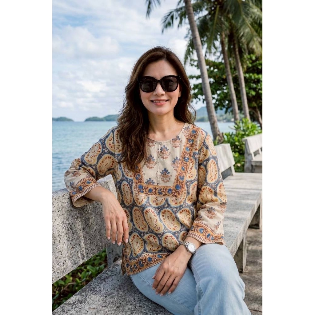 เสื้อคอกลม แขนยาว ไซส์42" และ44" ผ้าคอตต้อนอินเดียแฮนบล็อก ทรงสวยมากค่ะ