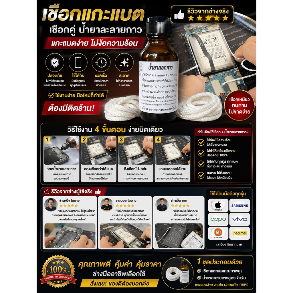 เชือกแกะกาวใต้แบตมือถือและใบมีด ไอแพด ไอโฟน และใช้คู่กับน้ำยาละลายกาว