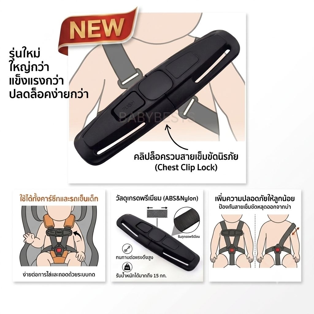คลิปล็อครวบสายเข็มขัดนิรภัย สีดำ Carseat chest clip lock สำหรับ combi aprica ailebebe recaro camera