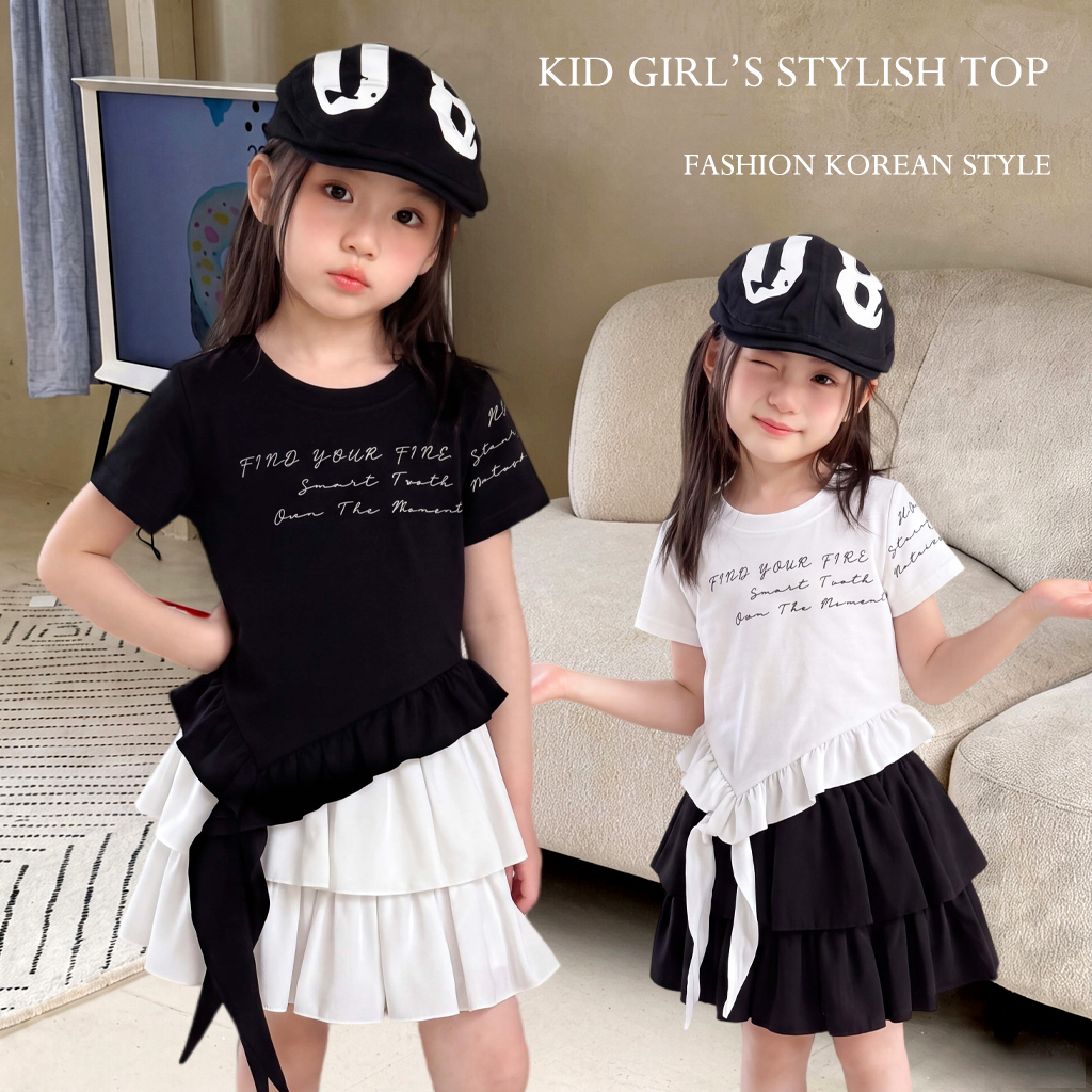 Betterland เสื้อเด็กผู้หญิง เสื้อยืดแขนสั้นเด็ก แฟชั่น สไตล์เกาหลี พิมพ์ลายตัวอักษร ทรงเข้ารูป แมตช์ง่าย 4-14ปี