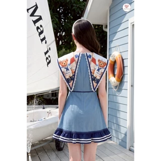 (มี3XL) ยีนส์ Keep Away Dress เดรสสั้นผ้ายีนส์ตัดต่อเปเป้พิมพ์ลายหมีเทดดี้ ปกกะลาสี โบว์หน้า ซิปหลัง มีซับใน
