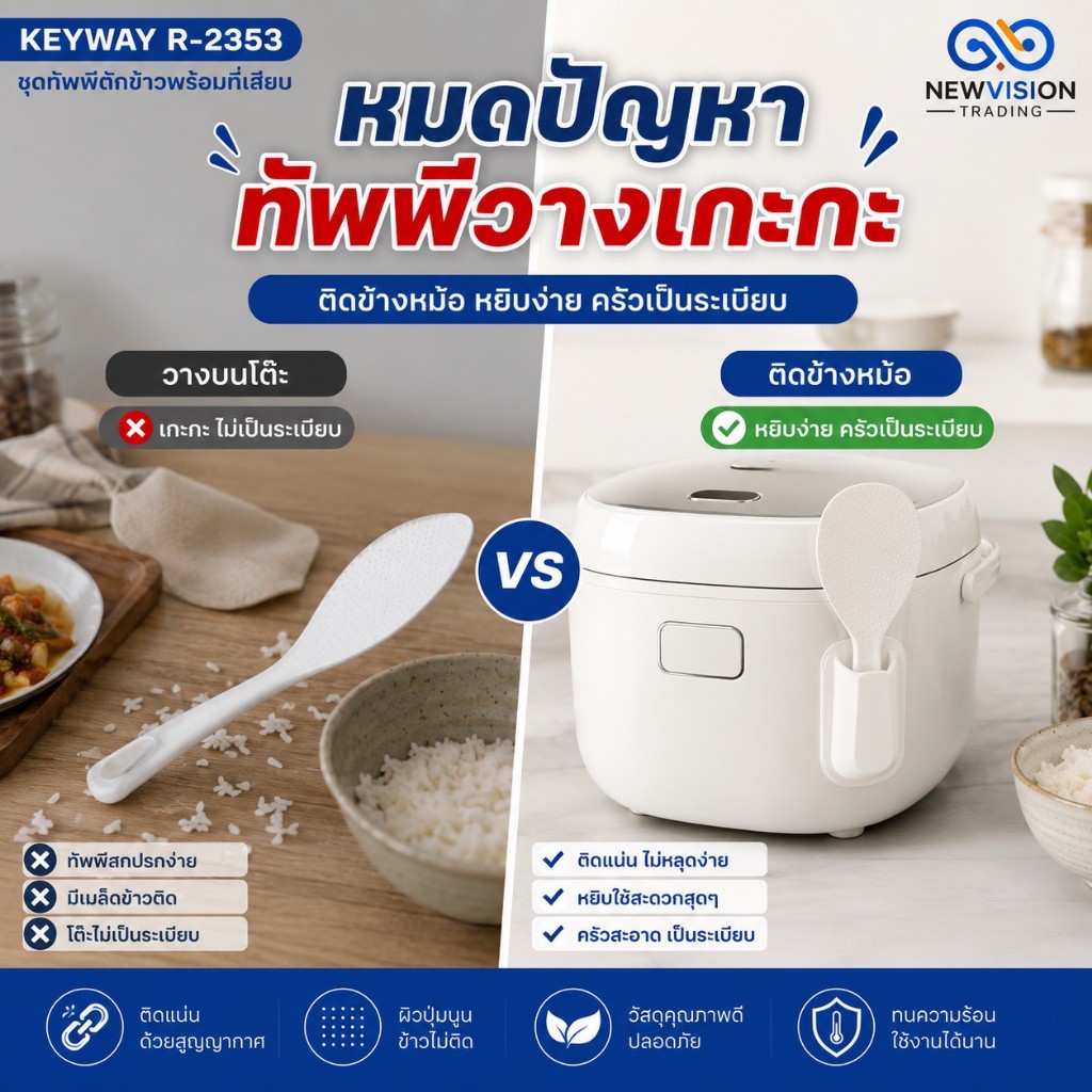 Keyway ชุดทัพพีตักข้าวพร้อมที่เสียบ รุ่น R-2353 ที่ตักข้าวสวย ทัพพีญี่ปุ่น ที่เสียบติดแน่น ไม่หลุดง่าย (ข้างหม้อหุงข้าว)