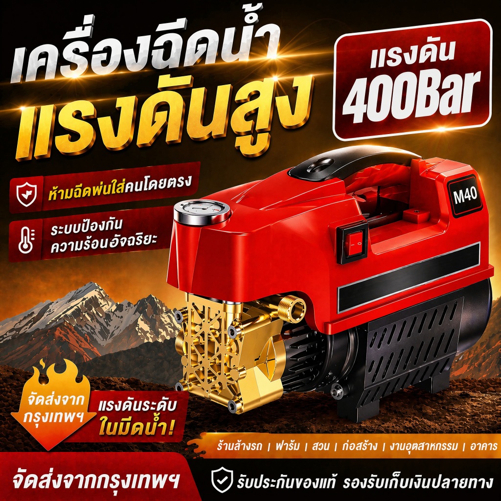 เครื่องฉีดน้ำแรงดันสูง 400บาร์ เกย์วัดแรงดัน อัดฉีด แรงดันสูง มีระบบตัดไฟอัตโนมัติ