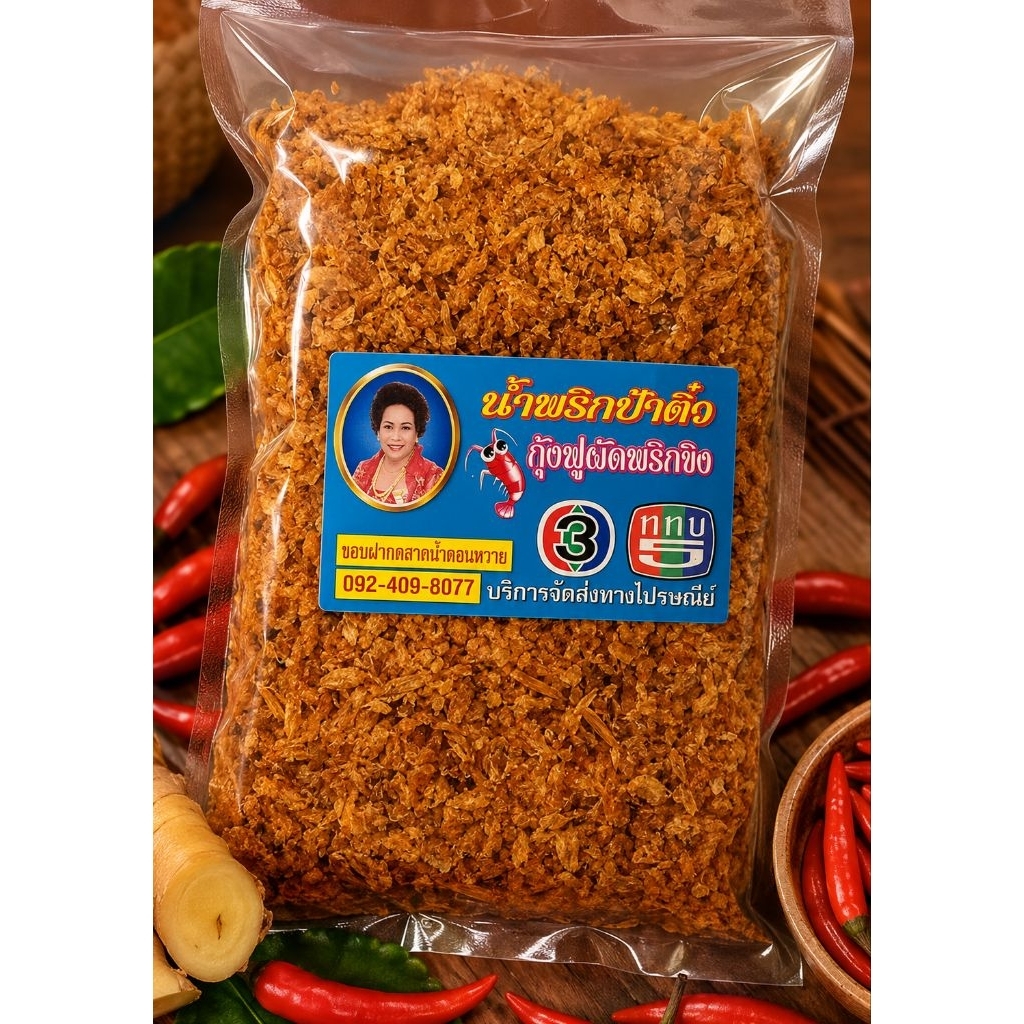 น้ำพริกป้าติ๋ว กุ้งฟูผัดพริกขิงหอมอร่อยใหม่ๆ200g 129บาท