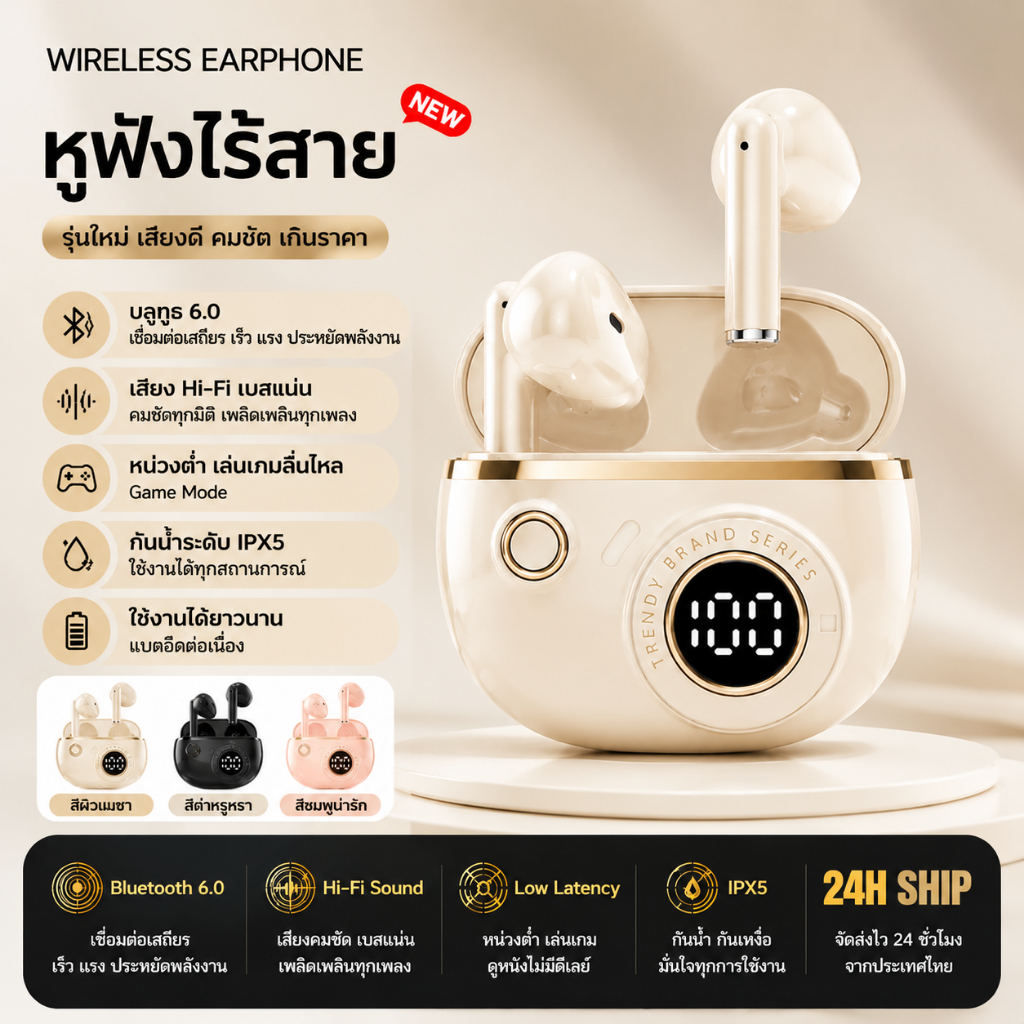 หูฟังไร้สาย Bluetooth 6.0 เสียงดี เบสแน่น หูฟังลูทูธ พร้อมกล