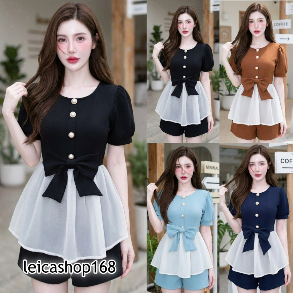 สินค้าพร้อมส่ง ชุดเซตสั้น ผ้าวูลเวฟ เสื้อแฟชั่นคอกลมแต่งโบว์หน้า แต่งกระดุมมุกหน้าแต่งระบายผ้าชีฟอง + กางเกง