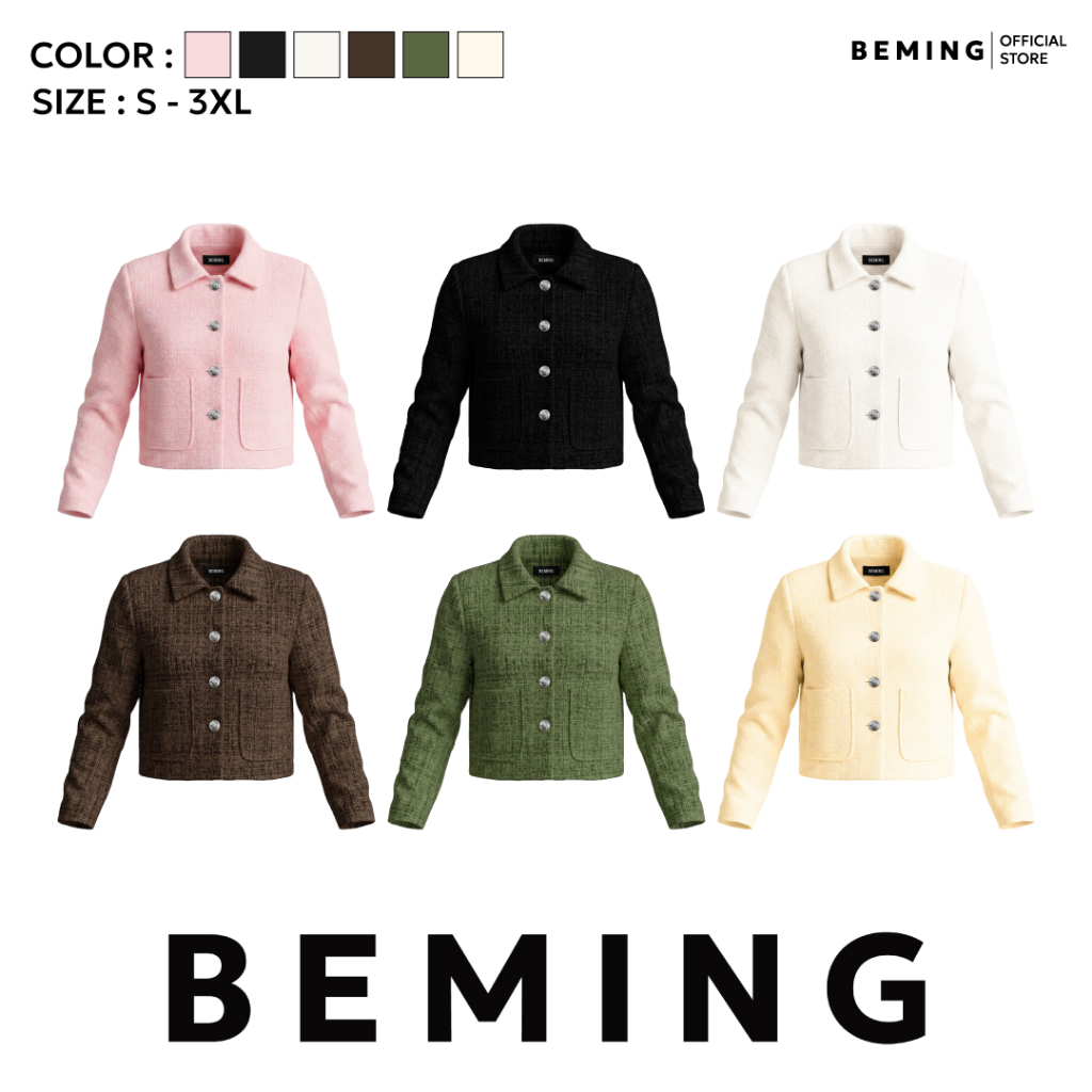 Bemingtop1242(S-3XL) - Bonita Blazer - เบลเซอร์ผ้าทวีตทรงครอปดีไซน์มินิมอลพร้อมกระเป๋าหน้า