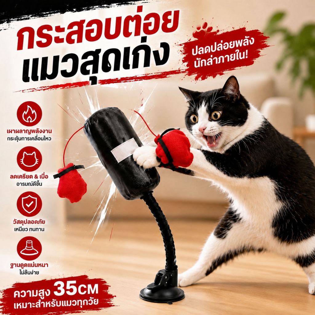 ของเล่นแมว กระสอบต่อยแมว ฐานดูดสุญญากาศ ระบายพลัง ลดความเครียด เสริมสัญชาตญาณนักล่า ของเล่นแมวคลายเครียด（ฐานสีแดง）