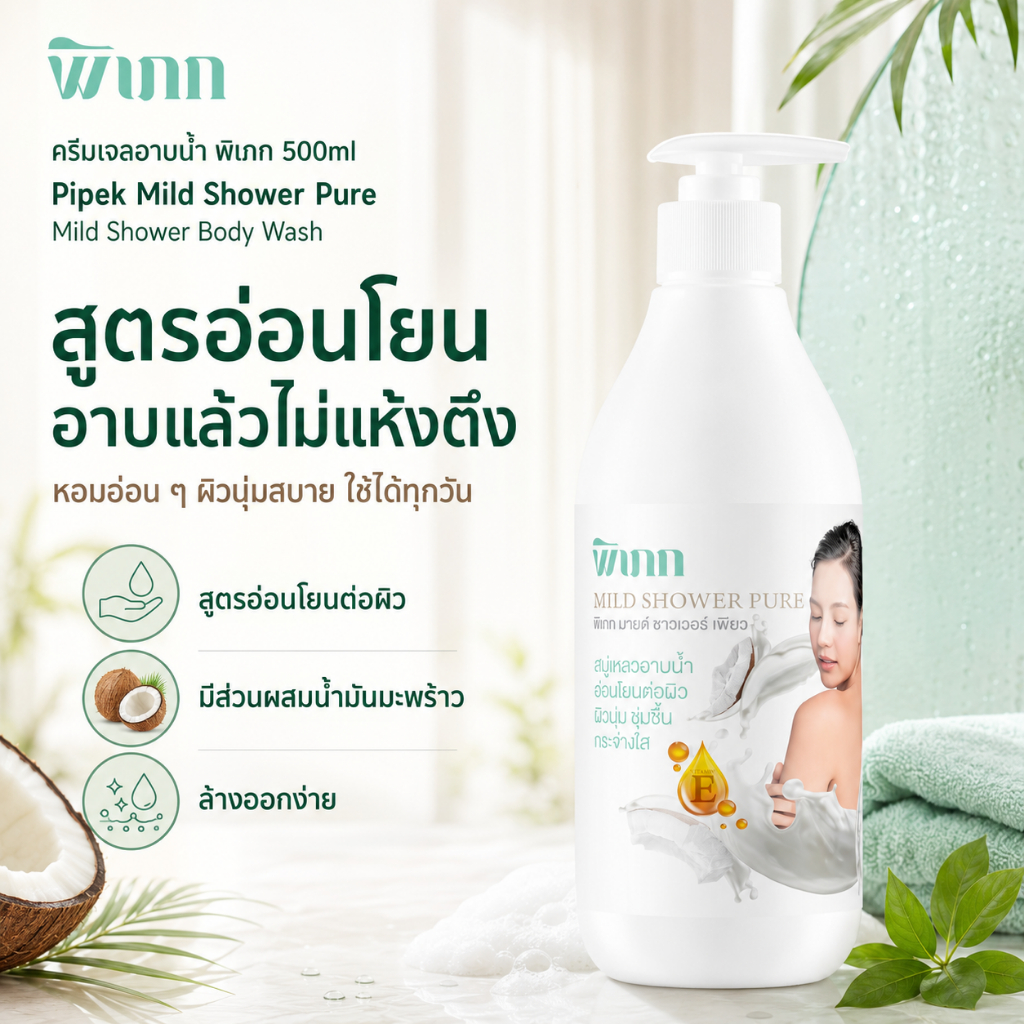 ครีมเจลอาบน้ำ พิเภก 500ml Mild Shower Body Wash สูตรอ่อนโยน ไม่แห้งตึง