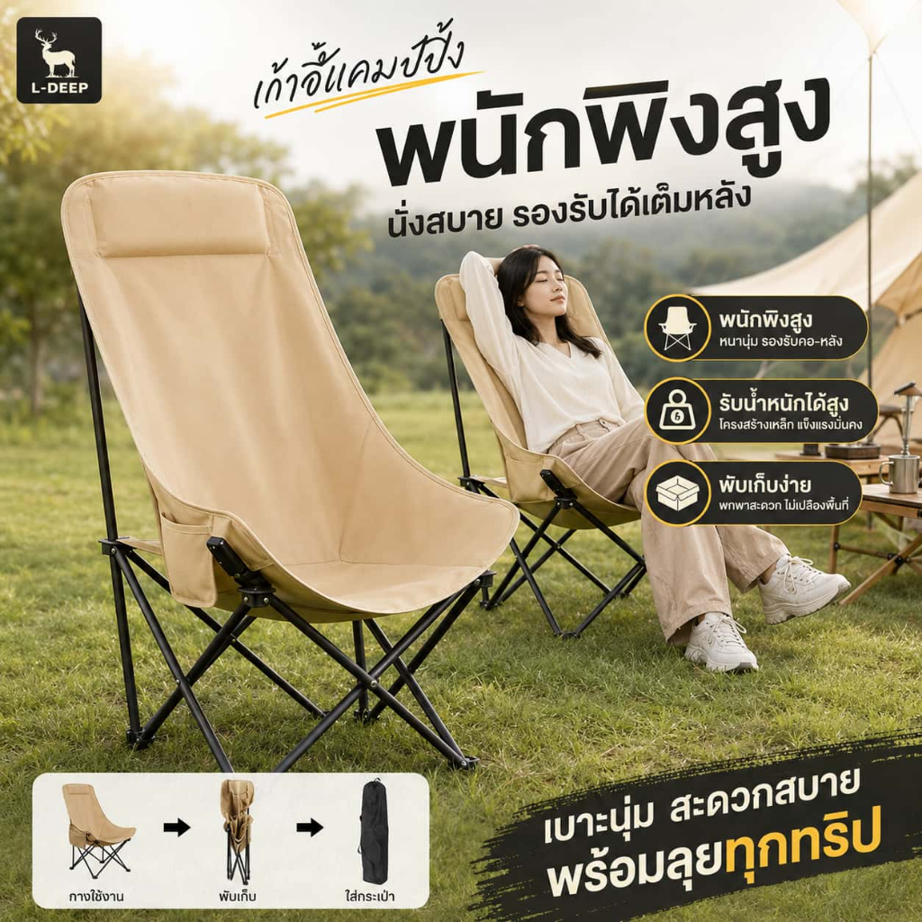 L-DEEP เก้าอี้สนาม เก้าอี้แคมป์ปิ้ง พนักพิงสูง พับได้ แบบพกพา ปิคนิค แถมถุงเก็บ รับน้ำหนัก 300KG
