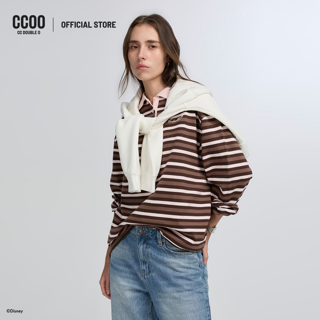 CC DOUBLE O CHIP ‘N DALE STRIPED LONG SLEEVE POLO SHIRT ผู้หญิง เสื้อโปโลแขนยาวลายทาง รุ่น O26WGWA16