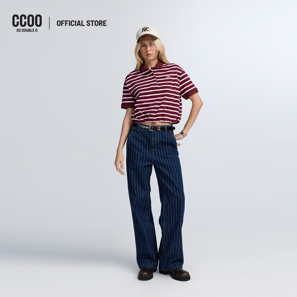 CC DOUBLE O MAROON STRIPE POLO WITH DRAWSTRING ผู้หญิง เสื้อโปโลลายทางสีแดงมารูนแต่งเชือก รุ่น O26WGWA060 (AW26 #P3)