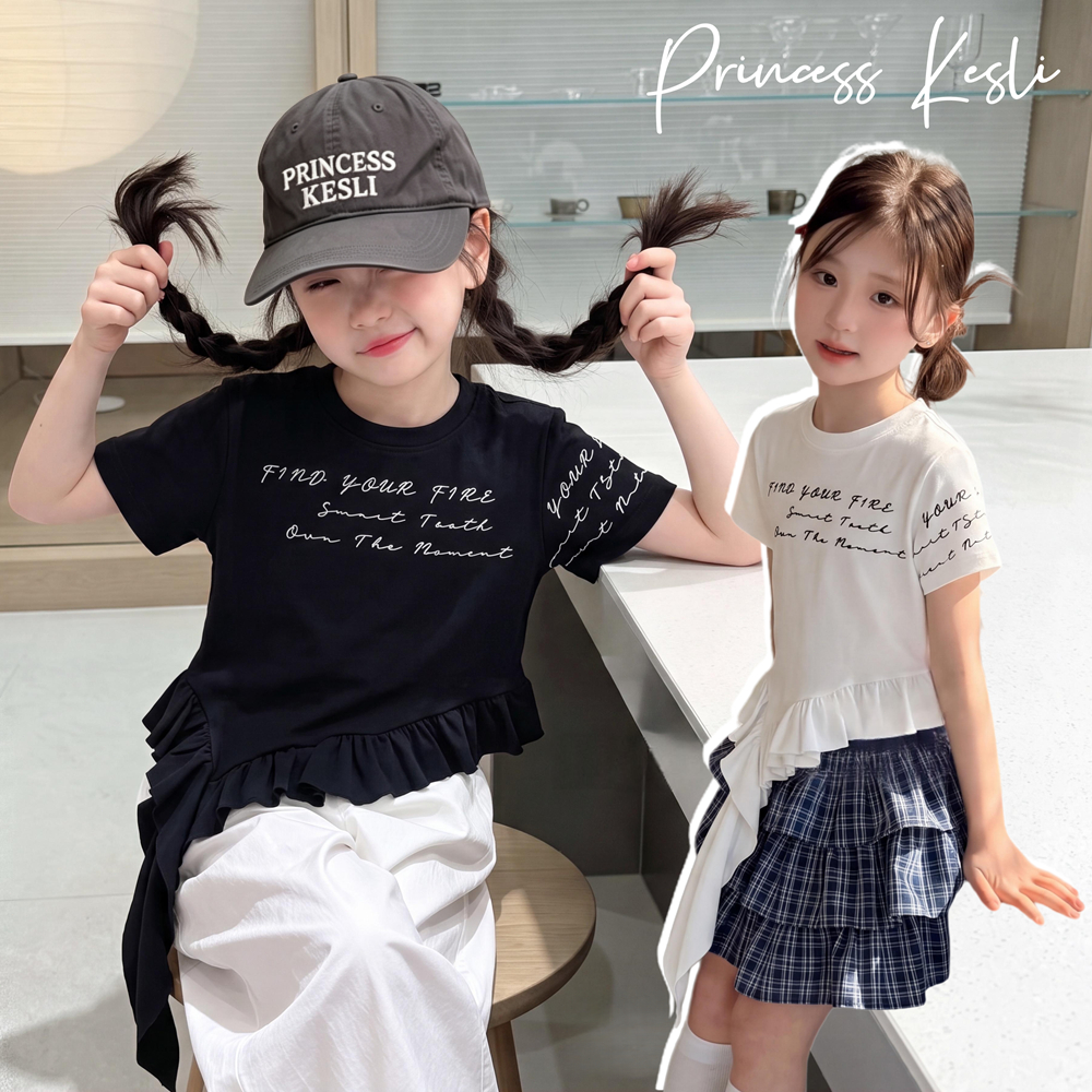 PRINCESS KESLI 4-15 ปี เสื้อผ้าเด็กแฟชั่น เสื้อยืดแขนสั้นเด็กผู้หญิง พิมพ์ตัวอักษร สไตล์เกาหลี สวมใส่สบายฤดูร้อ