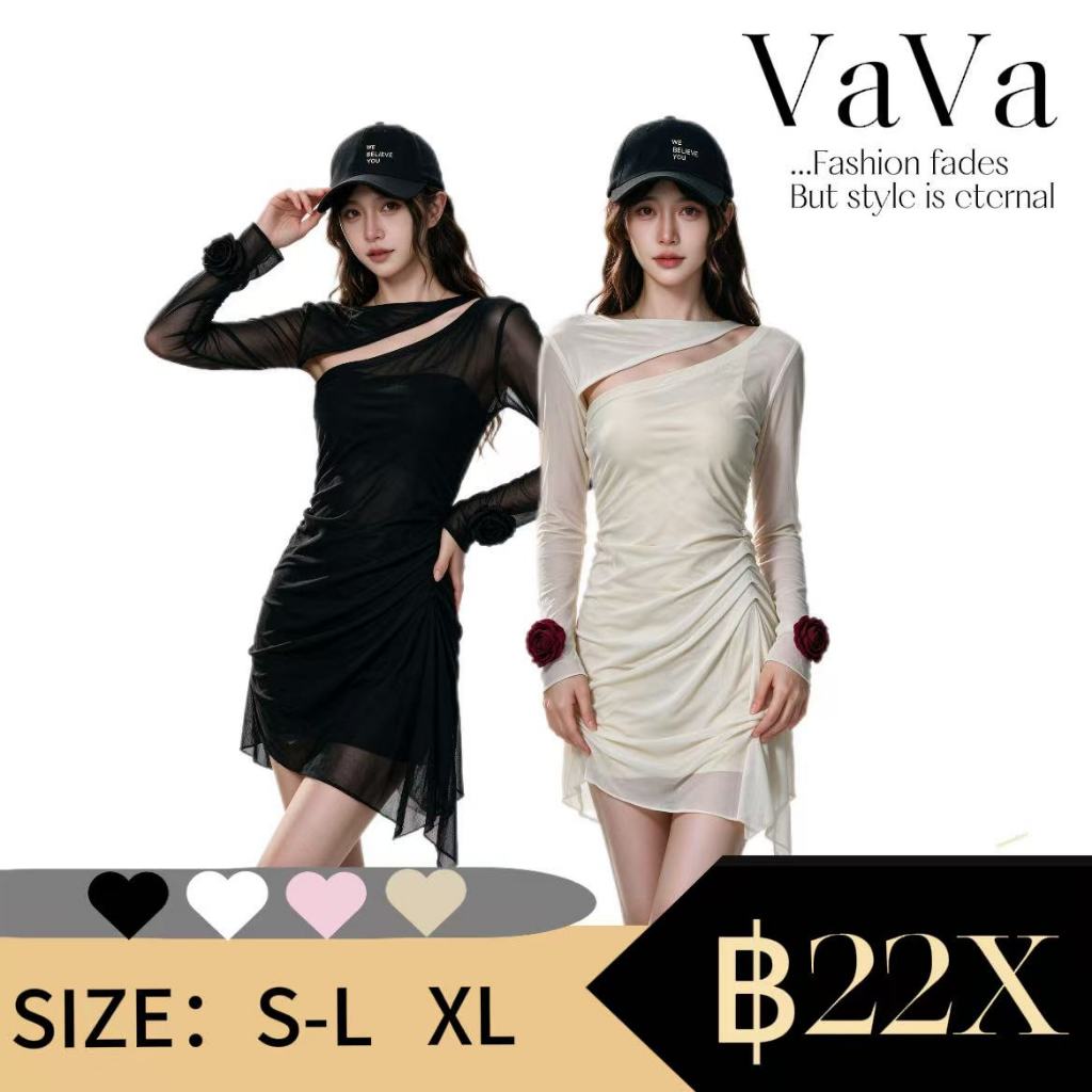 VaVa【ในสต็อก】เสื้อยืดแขนยาวเปิดไหล่ข้างเดียวสำหรับผู้หญิง ทรงเข้ารูปเซ็กซี่ ใส่ได้สองแบบ